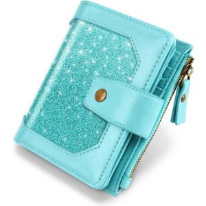 Women Leather Wallet RFID Blocking Small Bifold Zipper Pocket Wallet Card Case Purse with ID Window, Tiffany Glitter