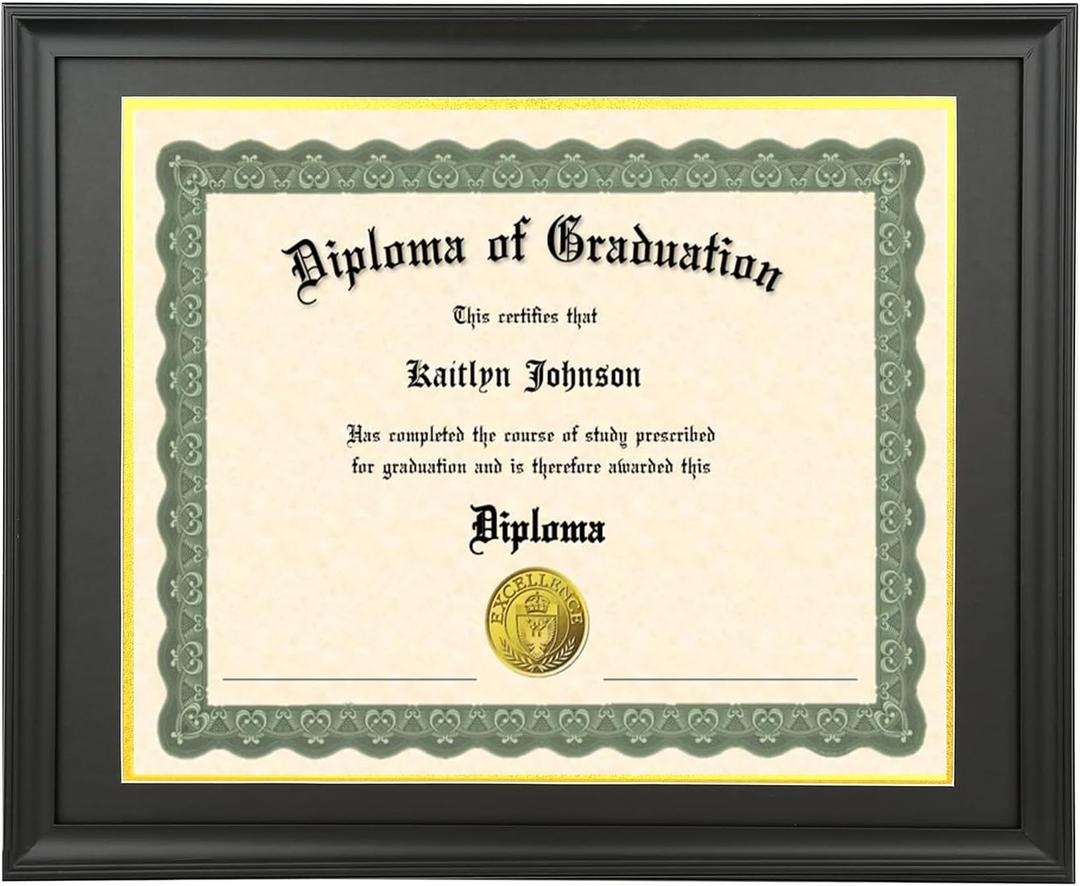 LTYHHK 14x17 Diploma Frame Solid Wood Black, Displays 14x17 Diplomas with Black Over Gold Mat or 16x20 Inch Without Mat, Diploma Frame 14x17 Certificate Frames (LK1620BG)