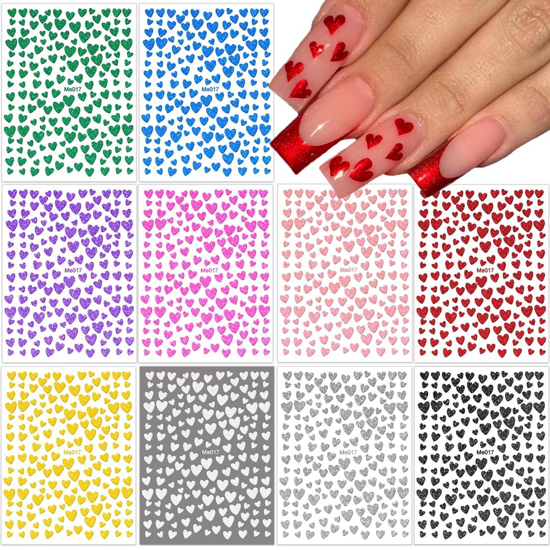 10 Sheets Heart Nail Art Stickers Decals Glitter Love Hearts Nail Sticker 3D Self Adhesive Shiny Powder Effect Valentine's Day Heart Nail Design for Lovers Romantic DIY Nail Decorations Manicure