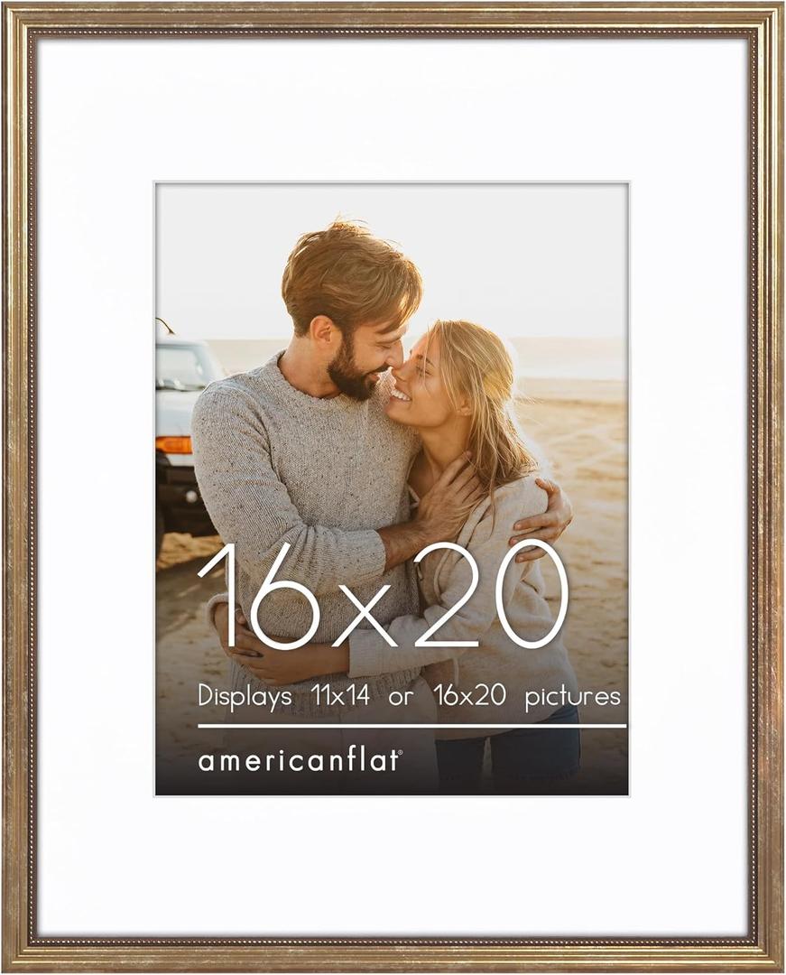 Americanflat Vintage Frames - 16x20 Picture Frame with Beaded Accents and Polished Plexiglass - Use as 11x14 Frame or Display 16x20 Photos Without Mat - Heirloom Collection - Wall Display - Gold