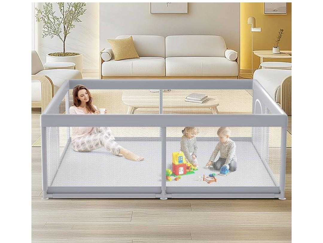 Baby Playpen, 80x90 Inch Play Pen, Playpen for Babies and Toddlers, Baby Playard for Indoor & Outdoor Active Center Game Fence, with Skin-Friendly Fabric and Soft Breathable Mesh Grey