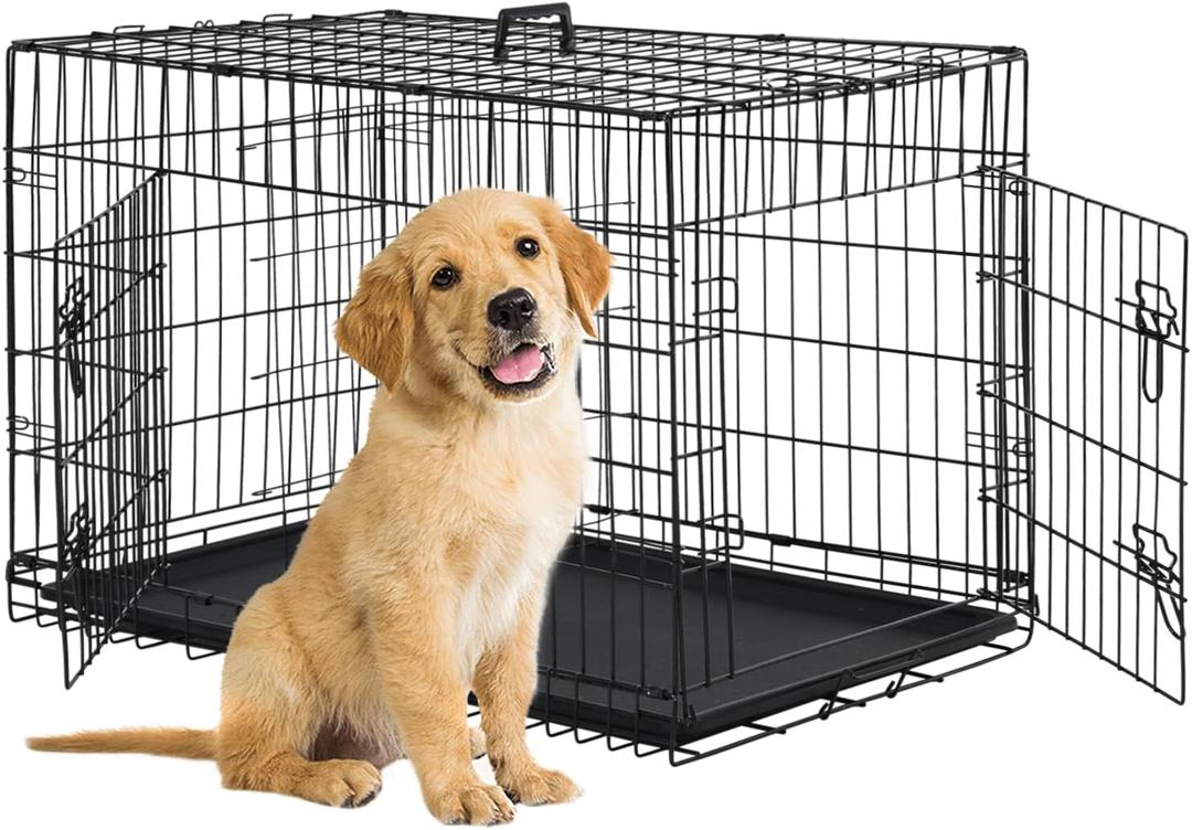 BestPet Dog Crate Dog Cage Dog Kennel Metal Wire Double-Door Folding Pet Animal Pet Cage with Plastic Tray and Handle for Small Dogs,24 inches (Black)