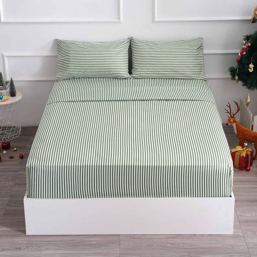 Best Season Queen Size Sheet Set 4 Piece -Pinstripe Microfiber Soft Durable Bedding Sheet Set,Deep Pocket,Stain,Fade & Wrinkle Resistant (Stripe Grass Green)