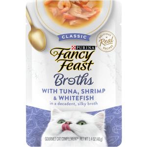 Purina Fancy Feast Broths Classic Cat Food Topper With Tuna, Shrimp, and Whitefish - (Pack of 16) 1.4 oz. Pouches (EXP 03/31/28)