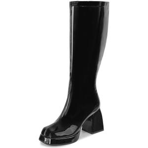 SOVANYOU Black Leather Boots Platform Boots for Women Square Toe Chunky Block Heeled Boots (9)
