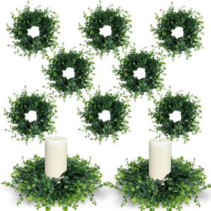 8 Pcs Mini Green Boxwood Candle Rings Wreaths Spring Summer Kitchen Cabinet Swags Wreath 3 Inch Wedding Rings Wreaths Pillar Candle Holder for Wedding Home Door Tabletop Decor (8, Green Boxwood)