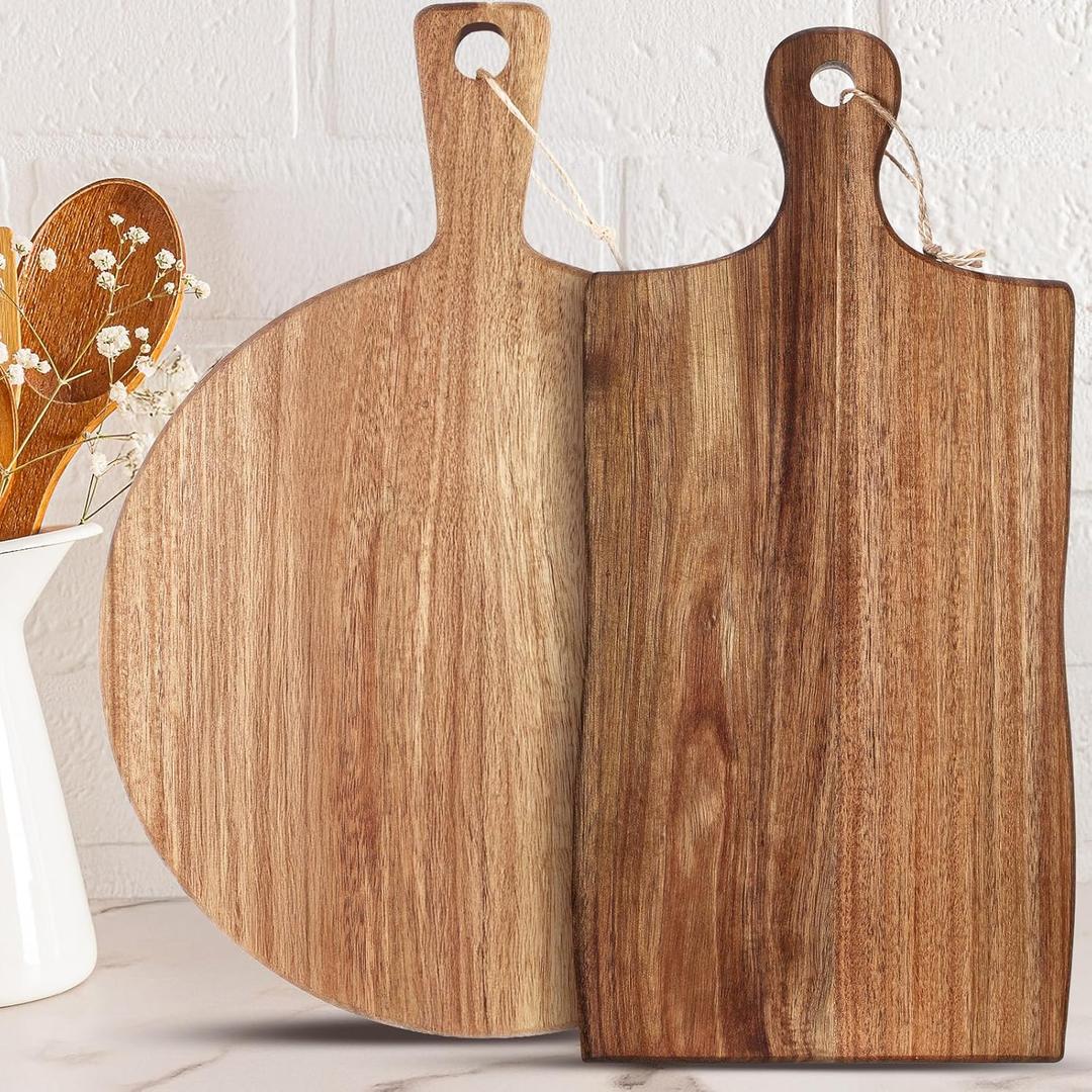 Hsei 2 Pcs Acacia Wood Cutting Board with Handle Wooden Charcuterie Board Large Paddle Carving Chopping Set Butter Serving Tray for Cheese Meat Fruit Bread (Irregular Style,16x12,16.5x8.27 Inch)