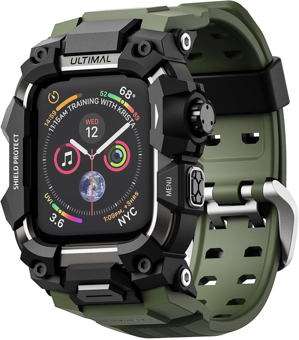ULTIMAL Rugged Case with Band for Apple Watch Band 45mm,Compatible with Apple Watch Series 9/8/7 45mm,Military Grade Shockproof Bumper Cover for iWatch Tactical Band Men (Army Green, 45mm)