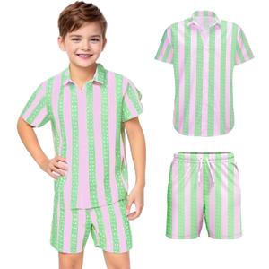 80s 90s Workout Costume Outfit,Beach Hawaiian Shirt Shorts Outfits Halloween Party Cosplay Dress Up (Green)