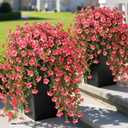 GLIDLION 4 PCS Artificial Morning Glory & Eucalyptus for Outside, Realistic Sun Resistant Fake Silk Hang Flower Faux Eucalyptus Leave for Patio Farmhouse Garden Porches Balcony Decor (Rose Red)