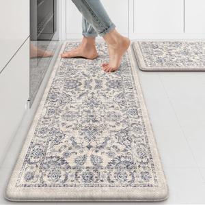 KIMODE Anti Fatigue Kitchen Mats for Floor, Boho Floral Kitchen Rugs 17"x29.5"+17" x47, Cushioned Mats for Kitchen Floor, Non Slip Kitchen Floor Mats, Sink, Laundry, Office, Desk Blue Multi