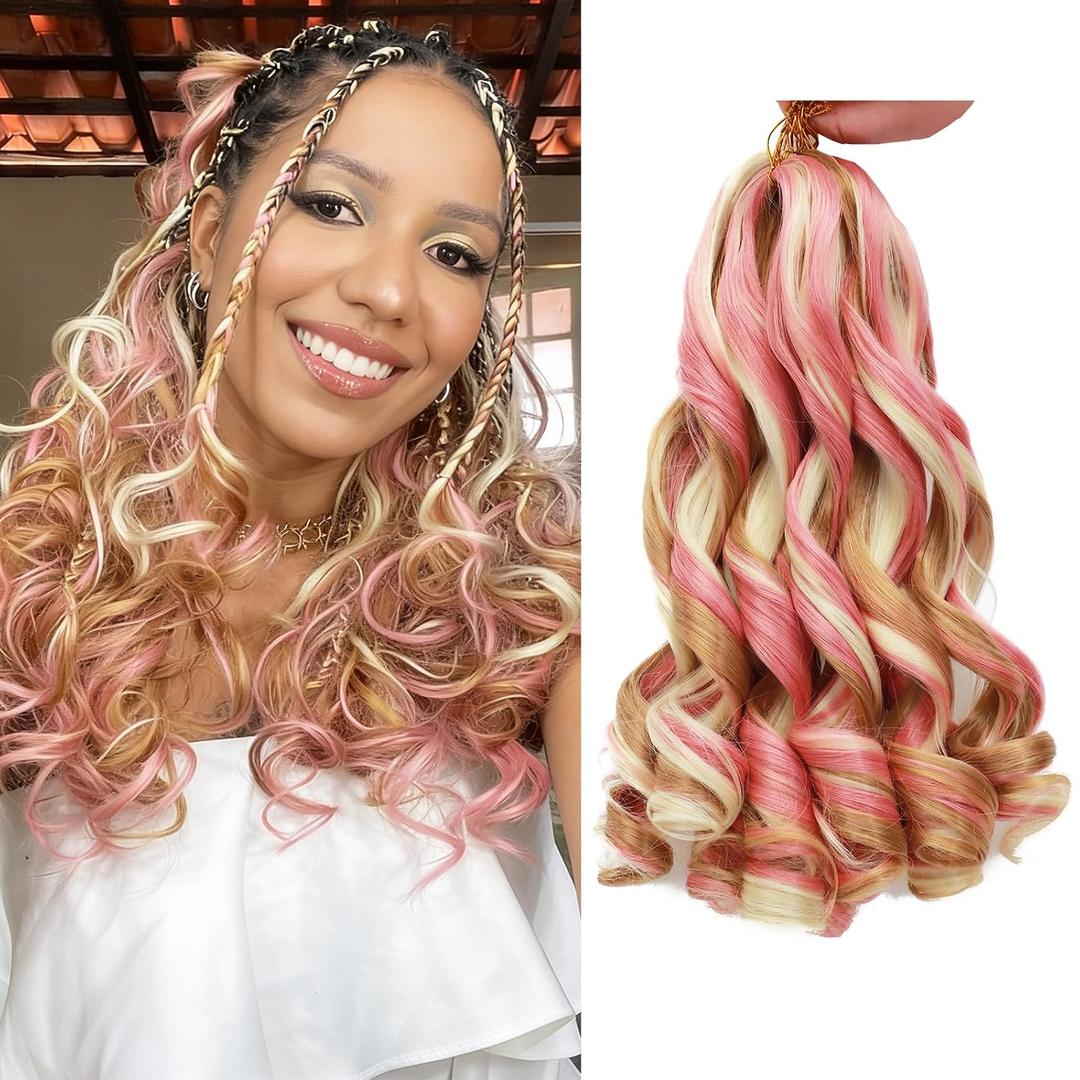 French Curly Braiding Hair 18Inch Long Curly Crochet Hair 8Packs Loose Wavy Synthetic French Curl Crochet Braiding Extensions (P27/613/pink)