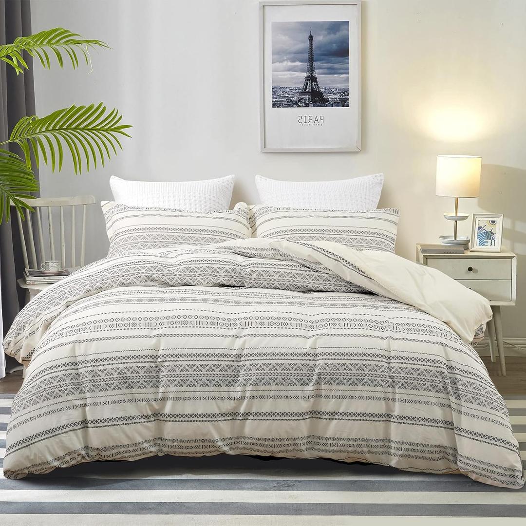 PHF 100% Cotton Jacquard Duvet Cover King Size, 3 Pieces Soft Breathable Duvet Cover Set for All Season, Pre-Washed Boho Textured Comforter Cover with 2 Pillow Shams, 106"x 92", Black and Ivory