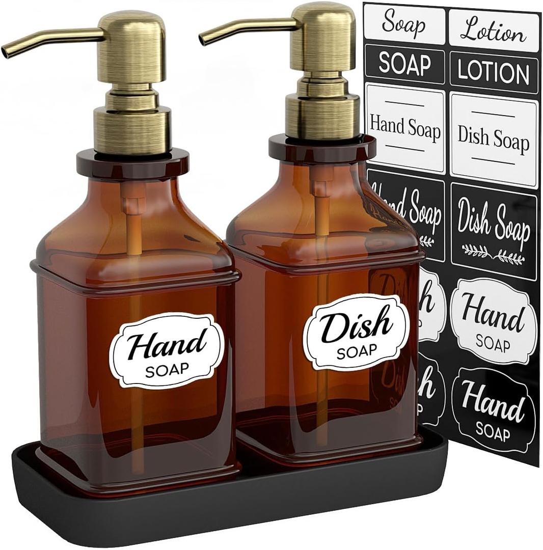 LMQML Soap Dispenser - 2 Pack, Antique Design Thick Amber Glass Hand Soap Dispensers with Sturdy Tray; 304 Rust Proof Stainless Steel Black Pump, 12Pcs Stickers, for Kitchen, Bathroom - Brushed Gold