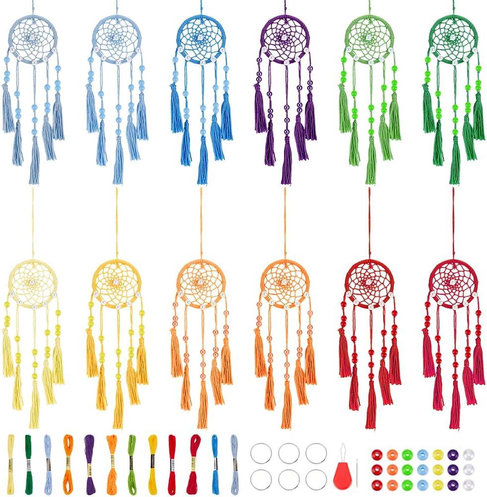 INFUNLY 12 Sets Small Dream Catcher Kit Boho DIY Mini Dream Catcher Making Kit Rainbow Color Handmade Dream Catcher Kit for Adults for Bag Pendant Car Interior Backpack Charm