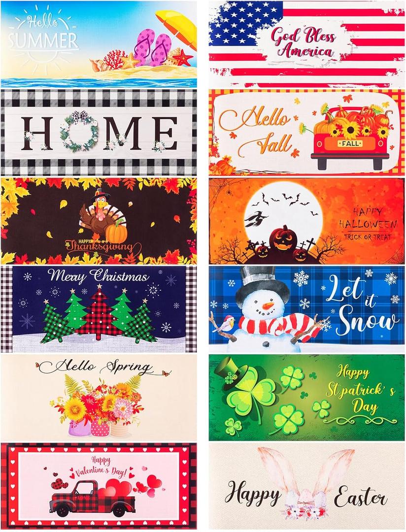 Timgle 12 Pcs Interchangeable Door Mat Seasonal Welcome Doormat Holiday's Funny Non Slip Backing Mat Decorative Front Door Mats for Halloween Christmas Thanksgiving Decor, 22 x 10 Inches