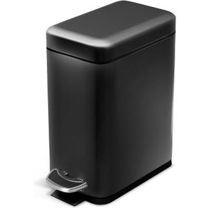 Home Zone Living 1.3 Gallon Small Bathroom Trash Can with Lid and Step Pedal, Stainless Steel Wastebasket with Slim Design for Home and Office, Matte Black, 5 Liters