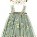 Toddler Baby Girl Tutu Dress Sleeveless Floral Print Tulle Dress Little Girl Princess Dresses with Flower Headband (Green), Size 12-18