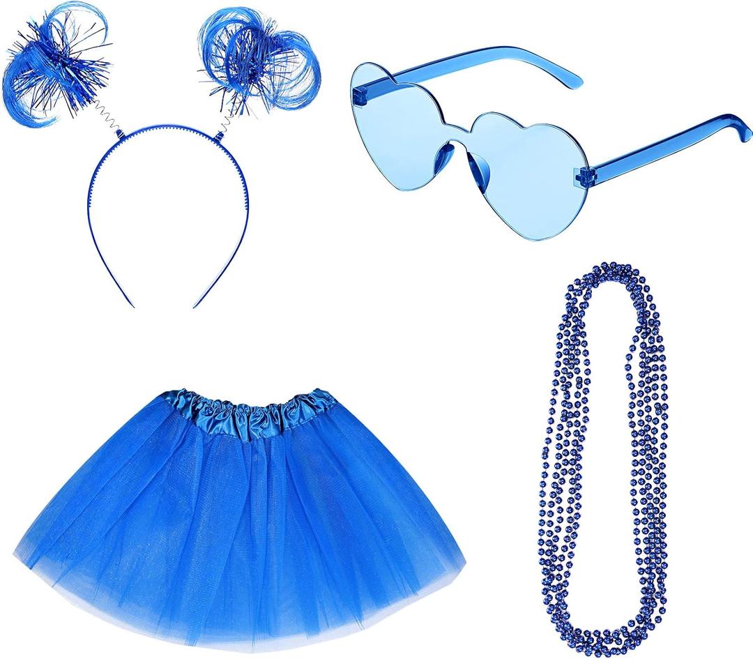 4th of July Tutu Costume Set American Patriotic Pom Pom Headband Layered Tulle Heart Sunglasses Necklaces for Women (Small, Blue)