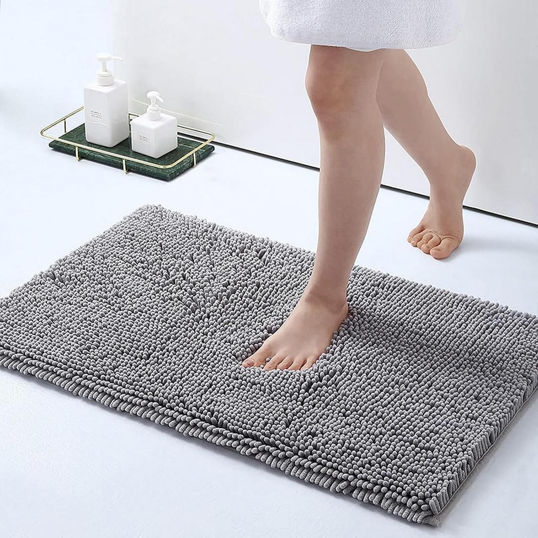 Bath Rugs Chenille Bathroom Rug Mat Non Slip Bath Mat Absorbent Shaggy Extra Thick Soft Shower Carpet Machine Washable Comfortable Grey, 24" x 16"