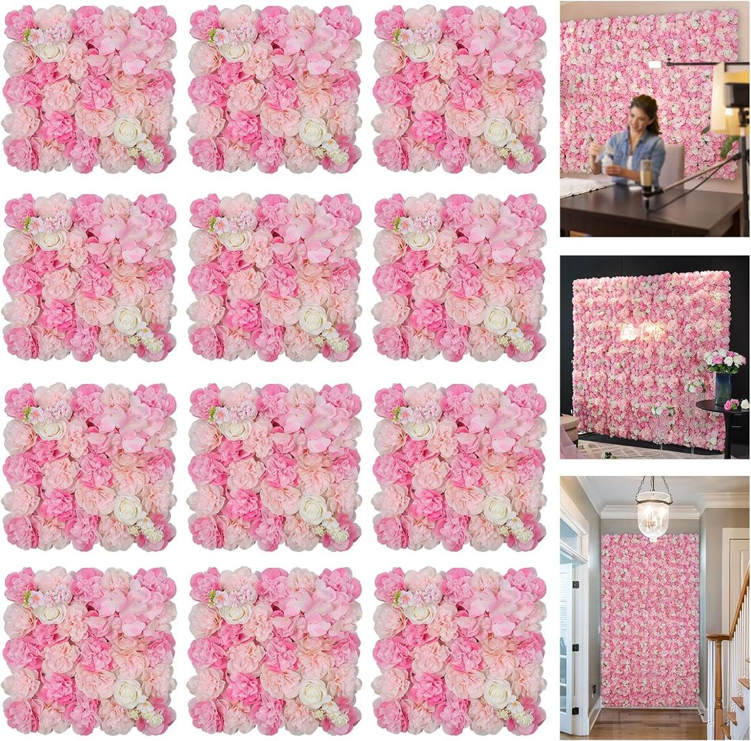 3D Flowers Wall Panel 15 * 15inch-12Pcs Artificial Flower Wall Background Silk Rose Mat for Home Party Wedding Backdrop Wall Decor Shop Photo Backdrop Floral Wall Arrangement