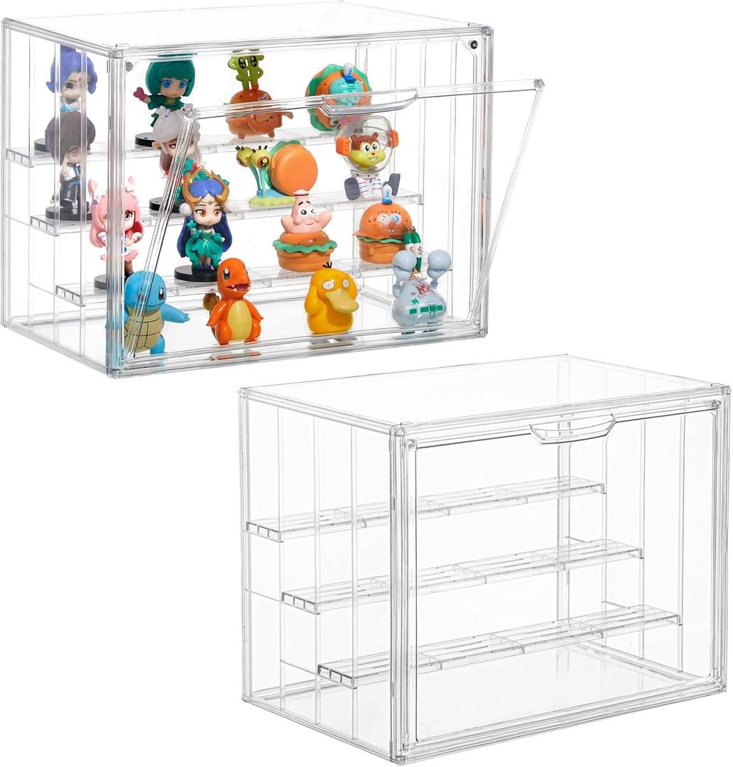 Attelite Acrylic Display Case,Upgrade 4 Tiers Clear Display Case with 3 Adjustable Divider, 2 Pack Stackable Large Storage Box with Magnetic Door for Collectibles Action Figures