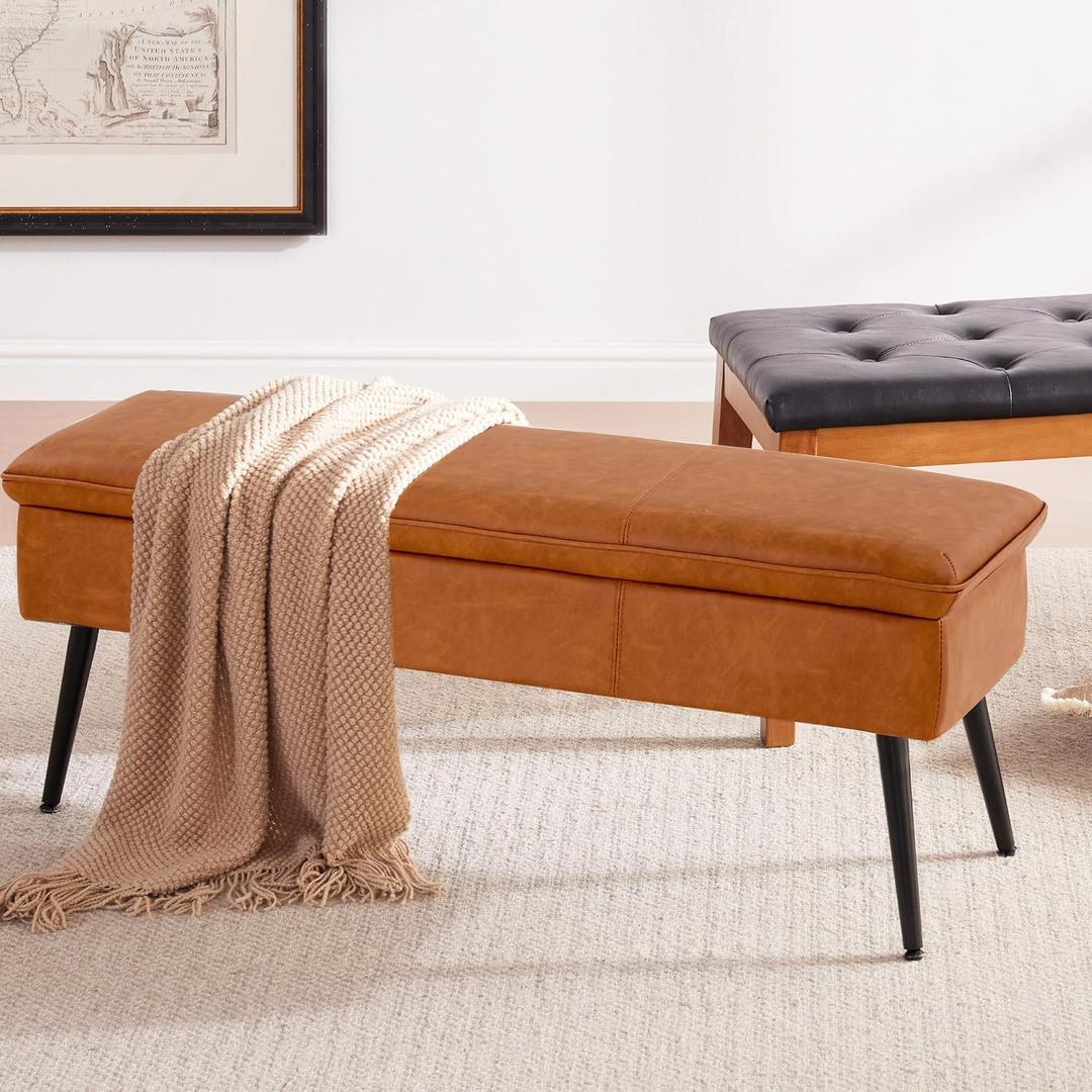 Ottoman with Storage Bench, End of Bed Bench with Flipping Lid, Mid-Century Modern & Faux Leather with Stitching, Loads 660 lb, for Living Room, Bedroom, Entryway, Cognac Brown, 43.3" Long