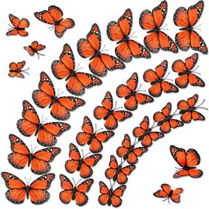 Monarch Butterfly Decorations, 60 Pcs 3D Artificial Monarch Butterfly 4 Sizes Orange Fake Butterflies Wall Decal for Home Party Day of The Dead Halloween Autumn Wedding Bedroom Craft Decor
