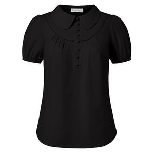 Belle Poque Short Puff Sleeve Blouses for Women Peter Pan Collar Dressy Work Shirts Summer Cotton Tops Black M