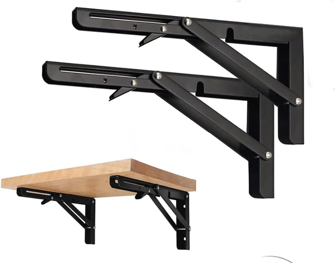 Black Folding Shelf Brackets Max. Load 220 lb, Heavy Duty DIY Wall Mounted Shelf Bracket Space Saving for Table Work Bench (12 INCH-2PCS)