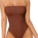 OQQ Womens Tube Bodysuits Strapless Basic Sleeveless Ruched Stretch Classic-Fit Tops Sexy Bodysuits (Large, Caramel)