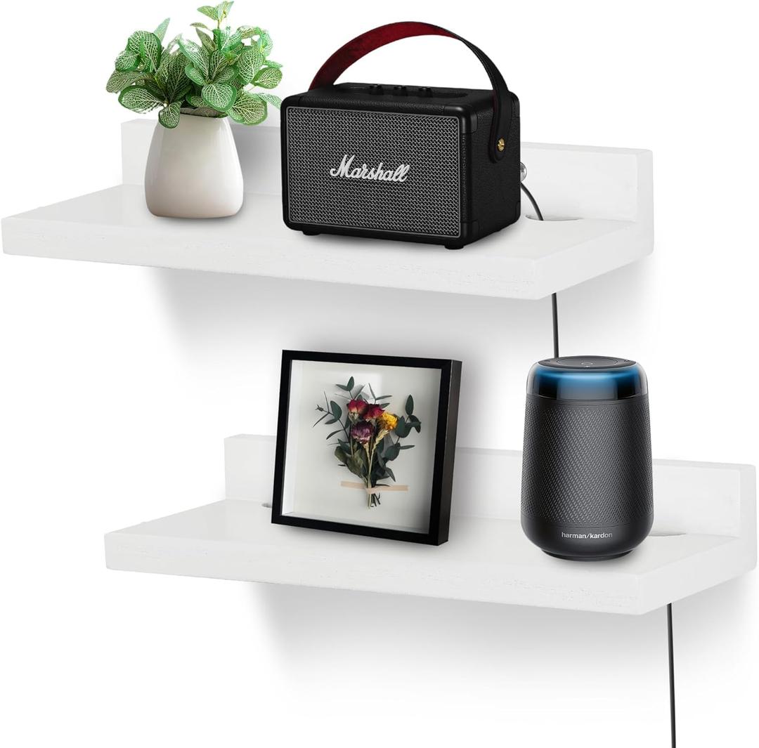 Small Floating Shelf for Wall,9 Inch Wall Mounted Shelf with Cord Hole,Small Display Shelves for Cameras, Webcam, Router,Smart Speaker,Action Figures-2 PcsWhite