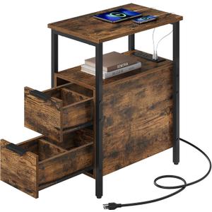VASAGLE Side End Table with Charging Station, Slim Nightstand with 2 Drawers, Narrow Bedside Table for Living Room, Small Spaces, 18.9 x 11.8 x 24 Inches, Rustic Brown and Ink Black ULET324K101S
