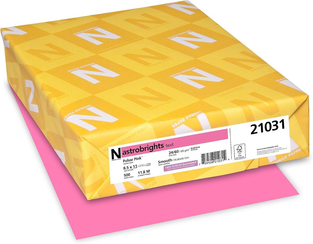 Neenah Astrobrights Color Paper, 8.5 x 11 , 24 lb/89 GSM, Pulsar Pink, 500 Sheets (21031)