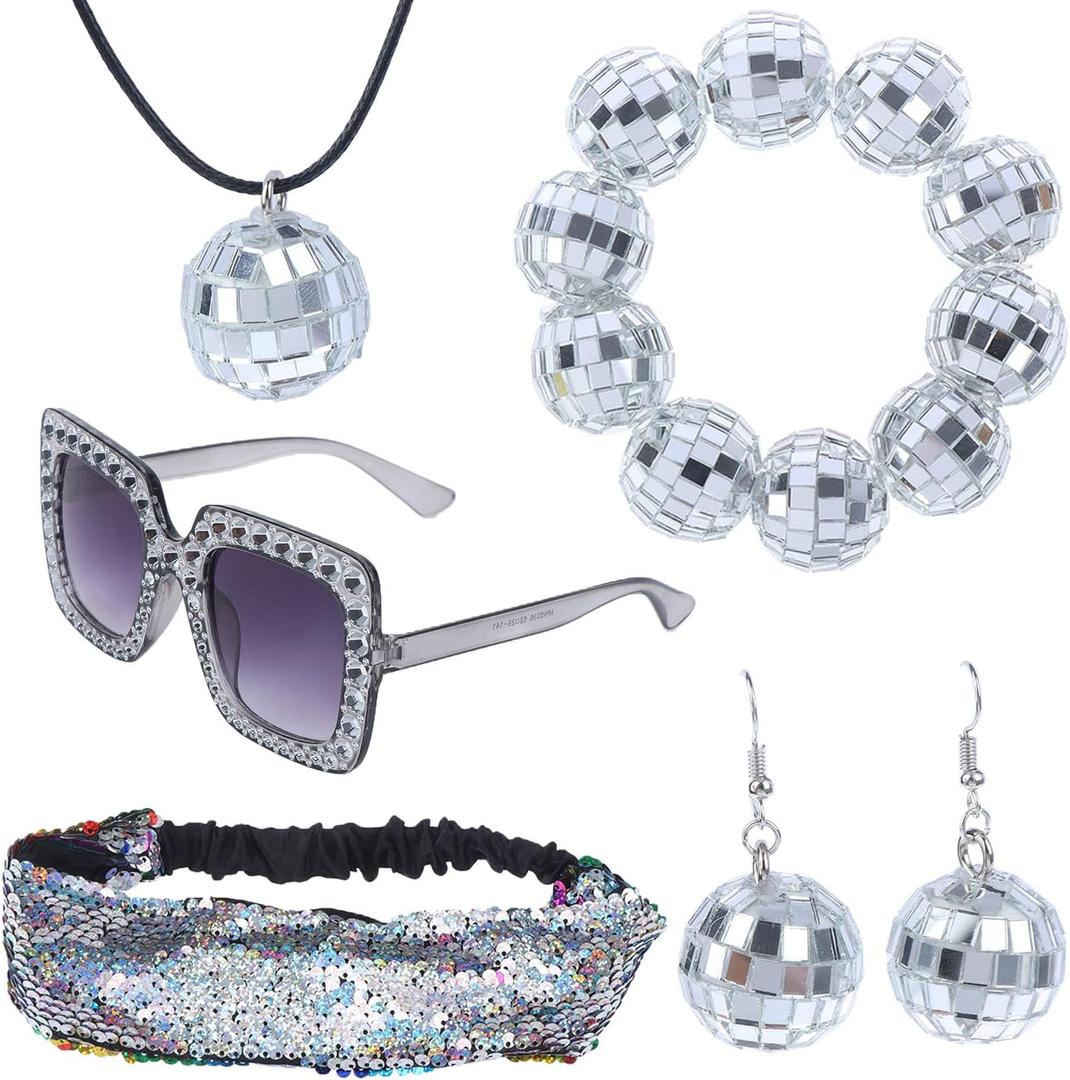5 Pieces 1970s Disco Accessories Disco Set Ball Earrings Necklace Bracelet Bling Headband and Sunglasses for Women