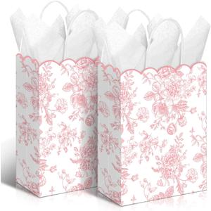 Kolldenn 24 Pcs Pink Floral Gift Bags with Handles Wildflower Party Favor Candy Treat Goodie Bags Scalloped for Birthday Decoration for Bridal Baby Shower Party Supplies, 6.3x3.2x8.3 In