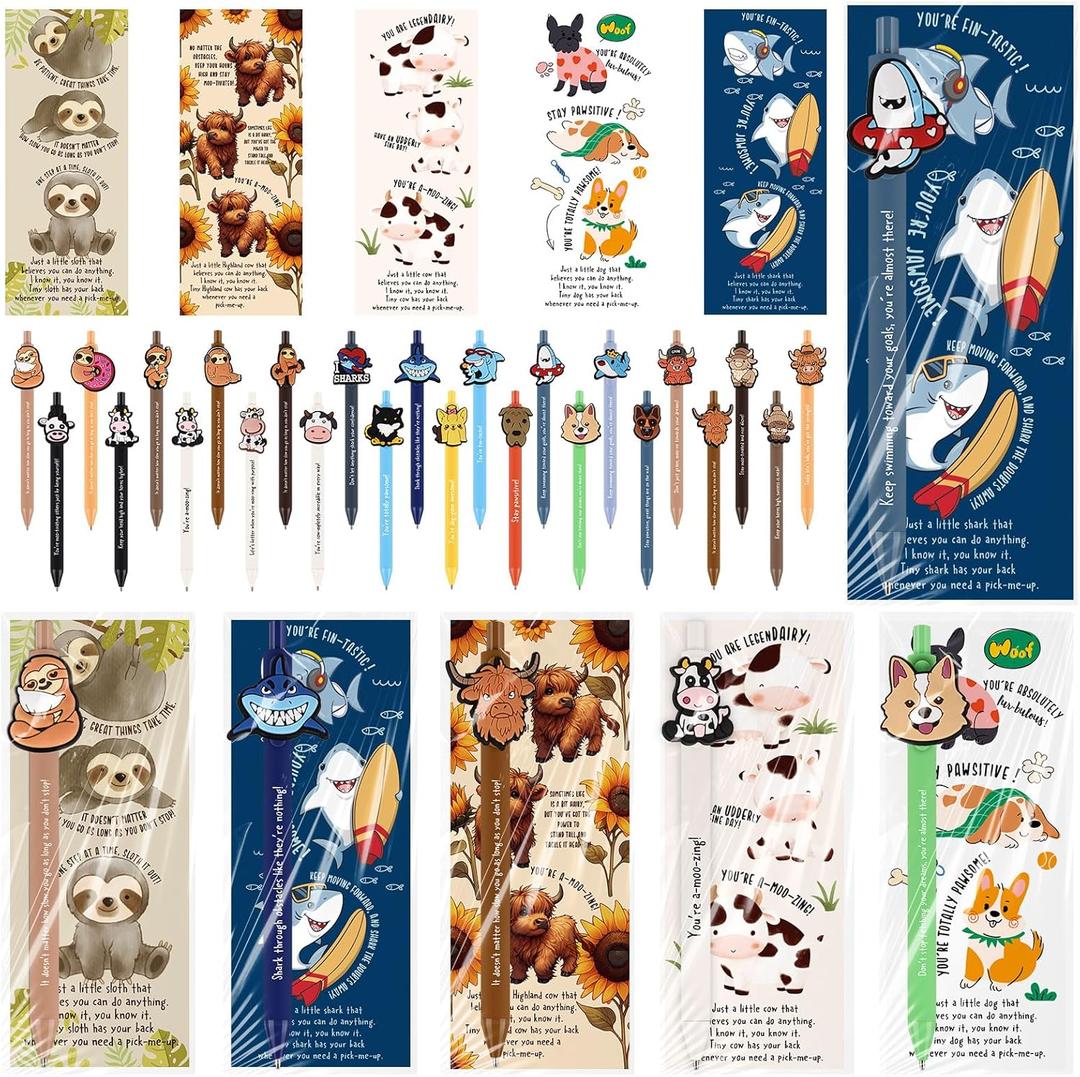 Sayglossy 25 Set Inspirational Pens Gifts Bulk Positive Animal Ballpoint Pens with Bookmarks Cute Employee Appreciation Gift for Reading Party Prize Teachers Nurse Coworker Team Staff Office Supplies