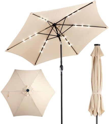 VINGLI Patio Umbrella with Solar Lights, Outdoor Umbrella with Push Button Tilt and Crank, Umbrella Outdoor Patio for Patio, Deck, Backyard, Pool