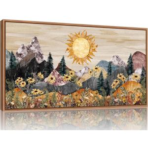 Rantodecor Boho Mountain Framed Canvas Wall Art, Western Daisy Floral Landscape Wall Decor, Rustic Fern Flowers Art Painting, Modern Fantasy Nature Sun Artwork for Bedroom Living Room Office 40"x20"