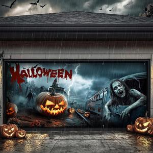Halloween Garage Door Cover 6 x 13 Ft Decoration with Elastic Bands, Easy to Install, Large Halloween Banner Background for Outdoor Home Garage Door Party Decor - Zombies