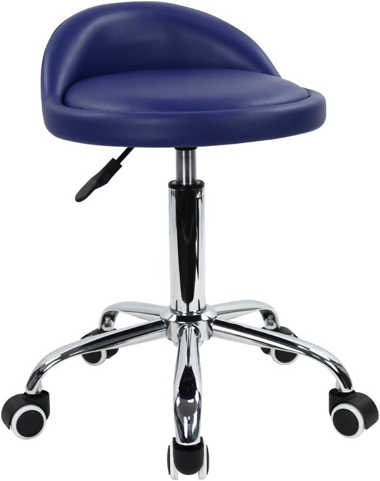 KKTONER PU Leather Round Rolling Stool with Back Rest Height Adjustable Swivel Drafting Work SPA Task Chair with Wheels (Blue), 36.5x62cm
