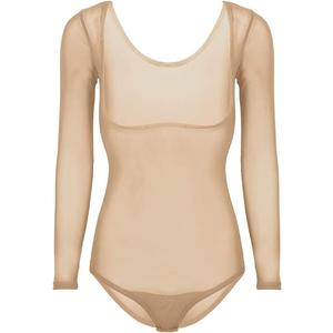 Nimiman Women's Belly Dance Bodysuit with Long Sleeves Mesh Sheer Leotard Tops (Nude)