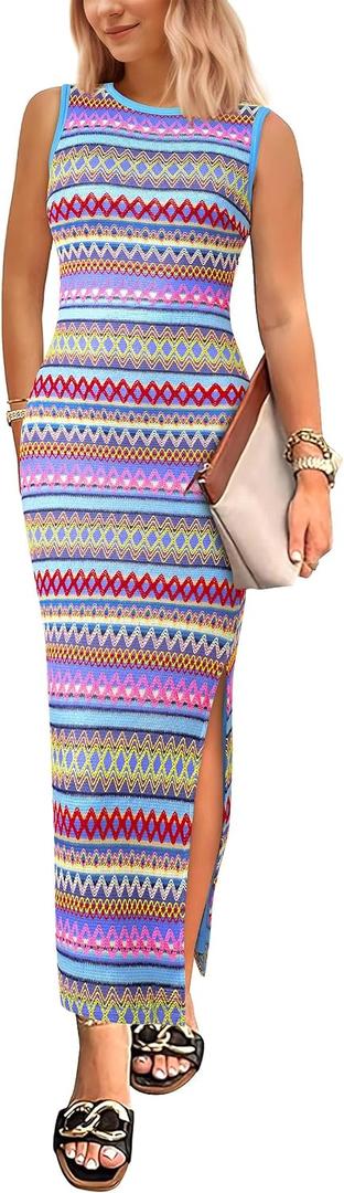 PRETTYGARDEN Womens Maxi Tank Spring Dress Sleeveless Crew Neck Striped Side Slit Casual Long Bodycon Dresses (Blue, L)