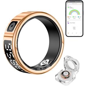 Sqrutri Smart Ring with LED Display for Women, IP68 Waterproof Smart Rings for Men, Sleep, Blood Oxygen, Heart Rate, Steps Smart Ring Health Trackers (Gold, 10)