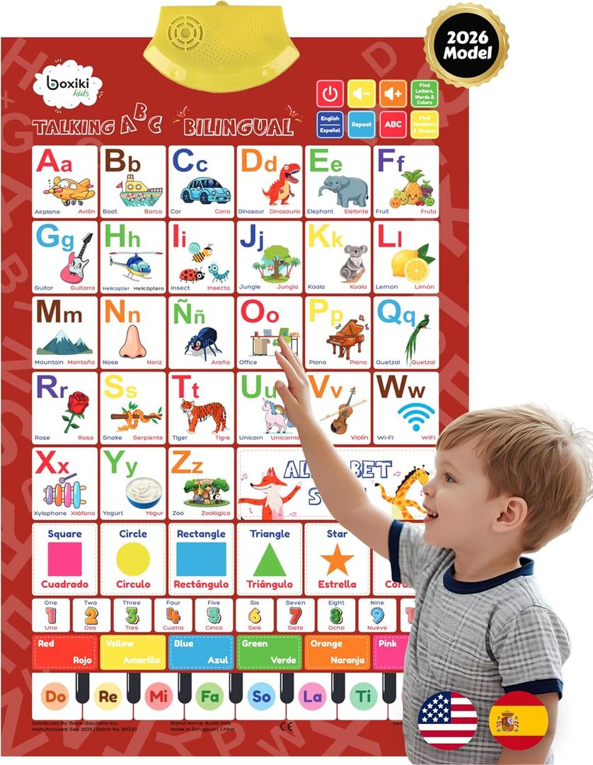 Bilingual English & Spanish Interactive Alphabet Wall Chart (2026 Model)  Talking ABC Letters, Numbers 123 & Music Learning Poster  Educational Toy for Toddlers & Kids Ages 3+