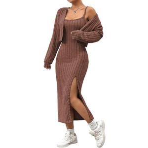 SISKIN 2 Piece Sets for Women, Fall Knit Ribbed Sweater Midi Cami Dress & Cropped Cardigan Long Sleeve Casual Outfits Set (Medium, Brown)