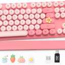 Wireless Keyboard, Round Keycaps, Retro Typewriter Keyboard with Detachable Wrist Rest, Sleep Mode, Foldable Legs, 2.4GHz Full-Size Cordless Computer Keyboard for Windows/PC/Laptop (Pale Pink Colors)