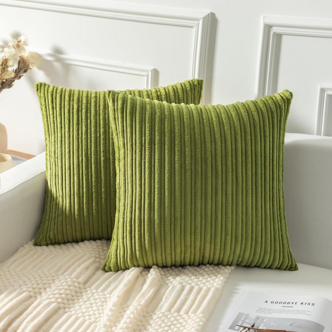 Kevin Textile Velvet Pillow Covers Spring Striped Decorative Throw Cushion Case with Hidden Zipper for Home Couch/Bedroom/Car, 2 Pack (20"x20",Green)