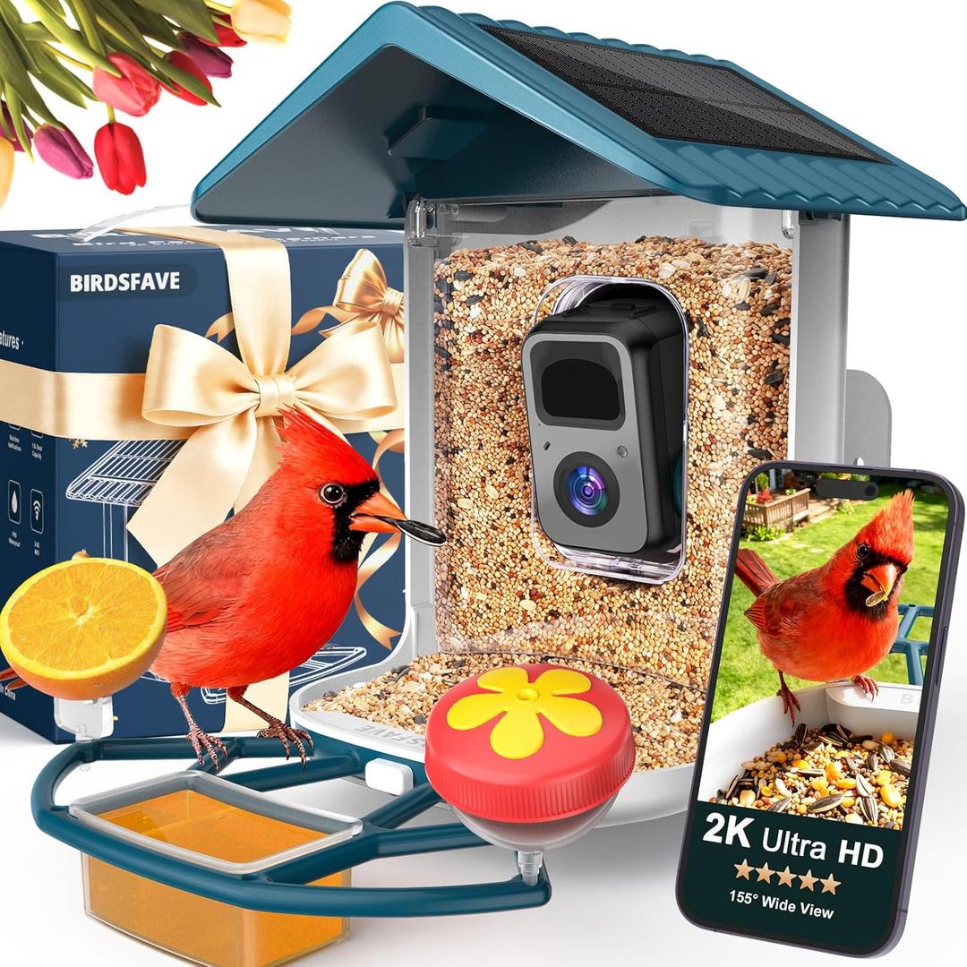 Bird Feeder with Camera Solar Powered, 2K Live Arrival Alert Auto Capture Video with 32GB TF Card, AI Identify Smart Camera Bird Feeder Ourdoor Backyard Gift for Mom Dad Birdlover, 2.4G WiFi (White Blue)