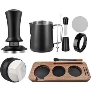 58mm Espresso Accessories 10 PCS - WDT Tool Kit Coffee Tamper with Wood Espresso Tamping Station Frothing Pitcher, Distributor, Stirrer, Dosing Funnel, Brush, Puck Screen Latte Art Pen (Black Silver 3)